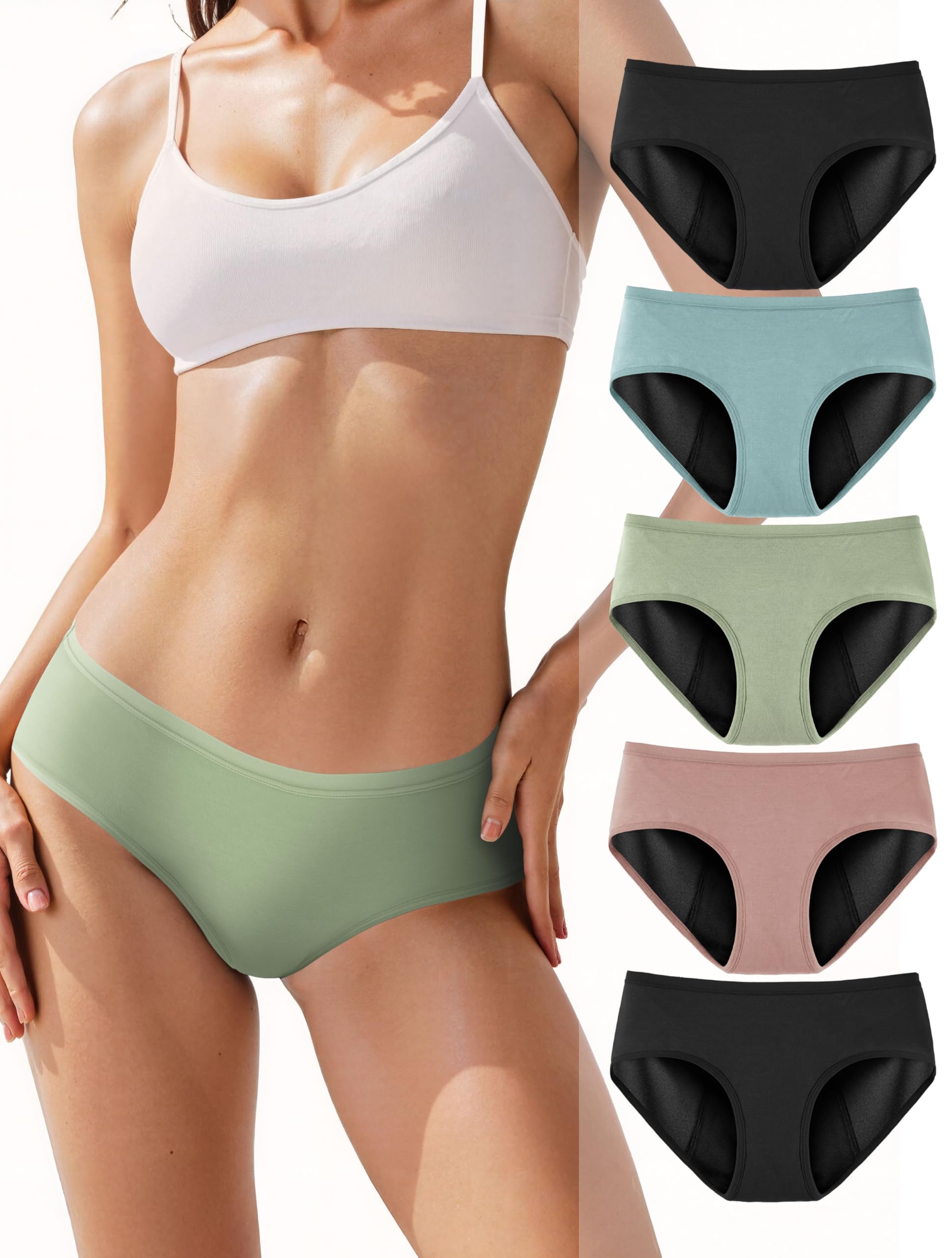 TIICHOO Period Underwear Heavy Flow Incontinence Underwear for Women Menstrual Panties Leakproof 5 Pack (2 Black/1 Turquoise Green/1 Rose Gold/1 Matcha Green, Medium)