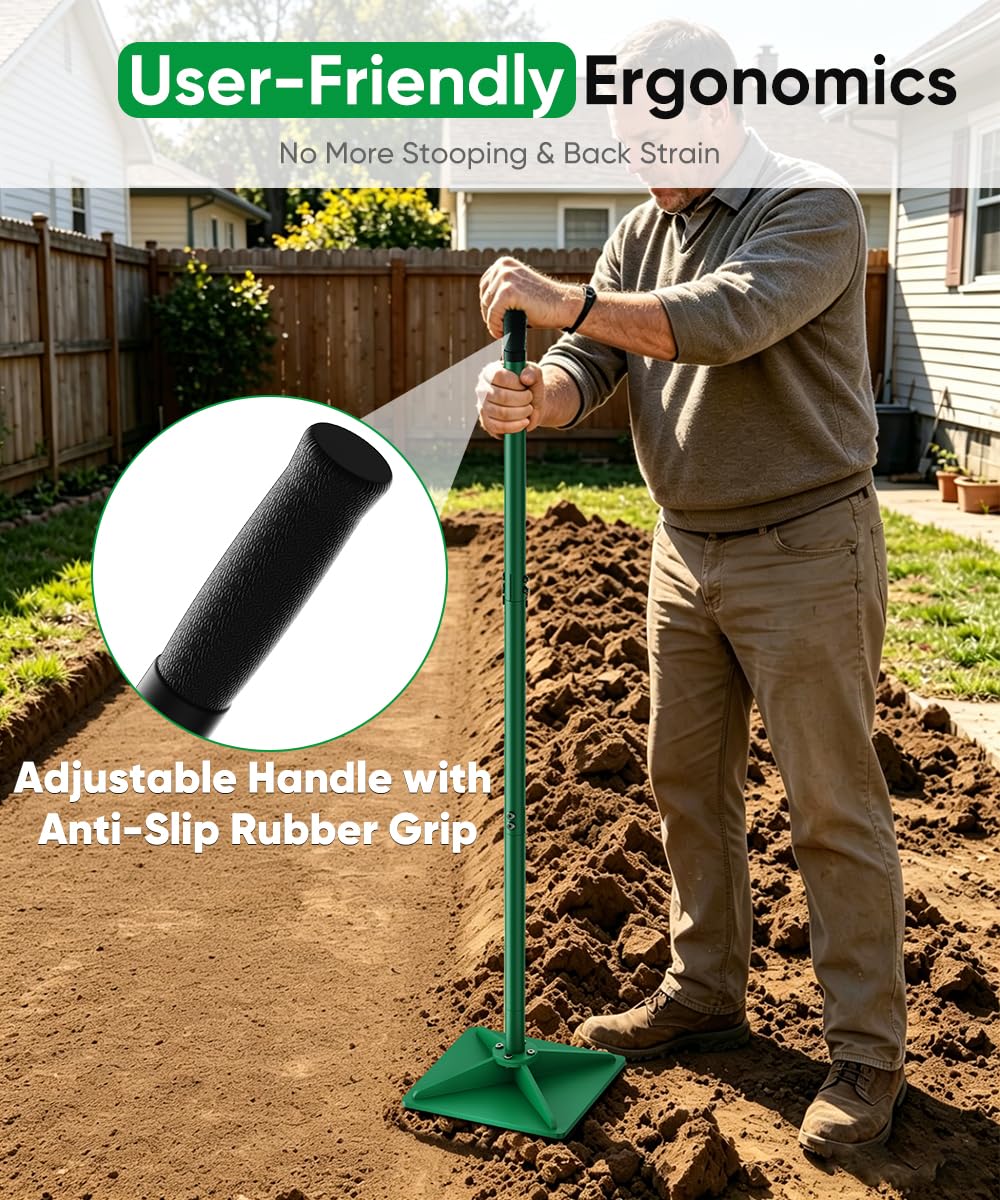 Tigerden Heavy Duty Steel Hand Tamper, 8"x8" Soil Plate Compactor with 44" Adjustable Handle & Rubber Grip, Anti-Loose Ladscaping Tools for Ground, Gravel, Dirt, Sand, Asphalt, Pavers, Blacktop, Green