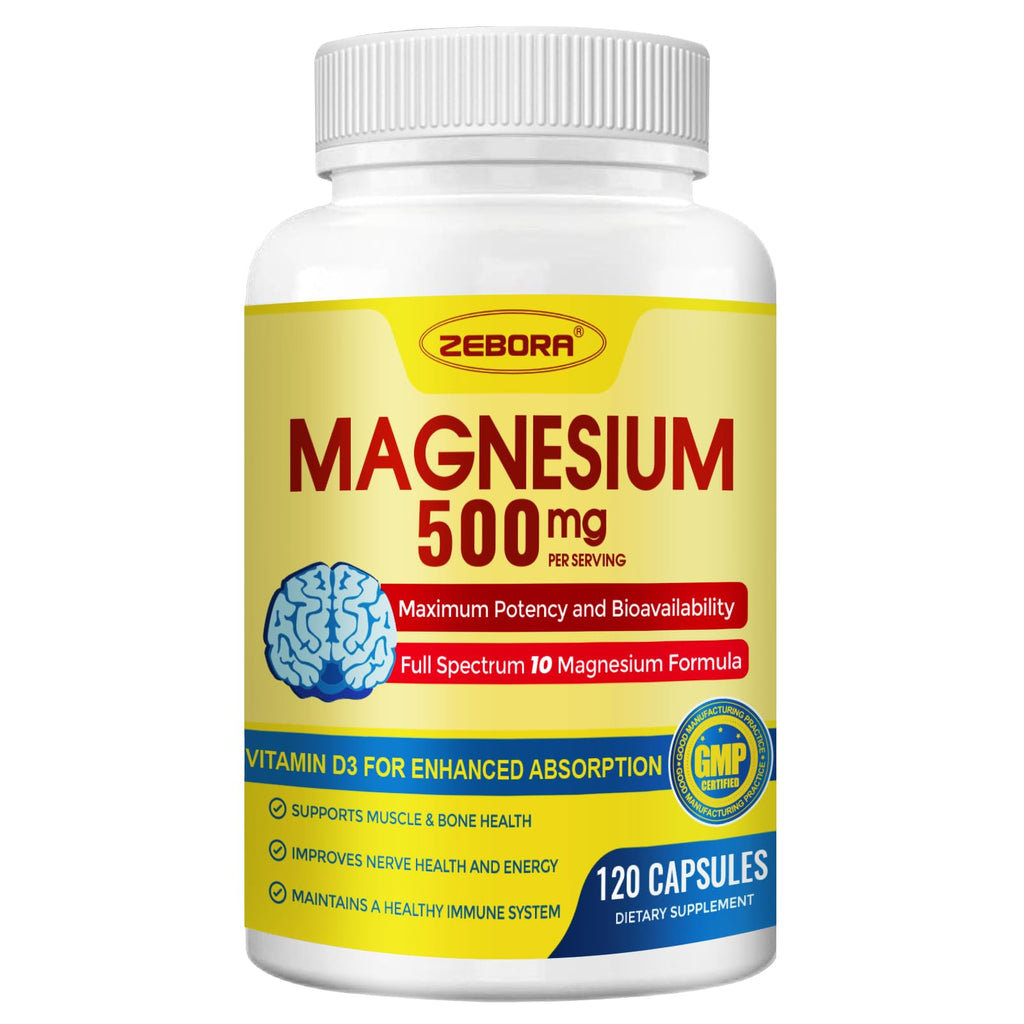 ZEBORA 10-in-1 Magnesium Complex Supplement, Magnesium Glycinate 500mg with Citrate & Malate, Chelated High Absorption Plus Vitamin D3 & Zinc - for Nerve, Muscle & Bone Support - 120 Capsules