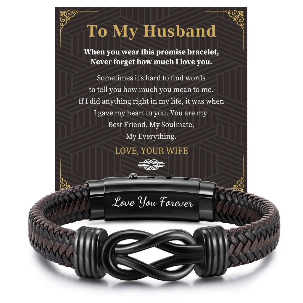 MEALGUET to My Husband Bracelet Gift - Brown Braided Leather Infinity Knot Bracelets Engraved Letter Love You Forever for Husband, Mens Bracelets Gift from Wife for Birthday Christmas