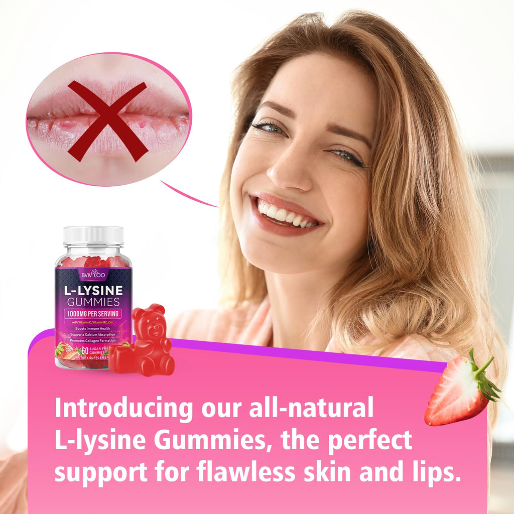 BVIVLOO L-Lysine 1000mg Gummies for Immune Support & Skin Health - High Potency Vegan Gummies, Sugar-Free, Natural Berry Flavor, Gluten-Free Chewable Supplement for Adults & Kids - 60 Gummiess