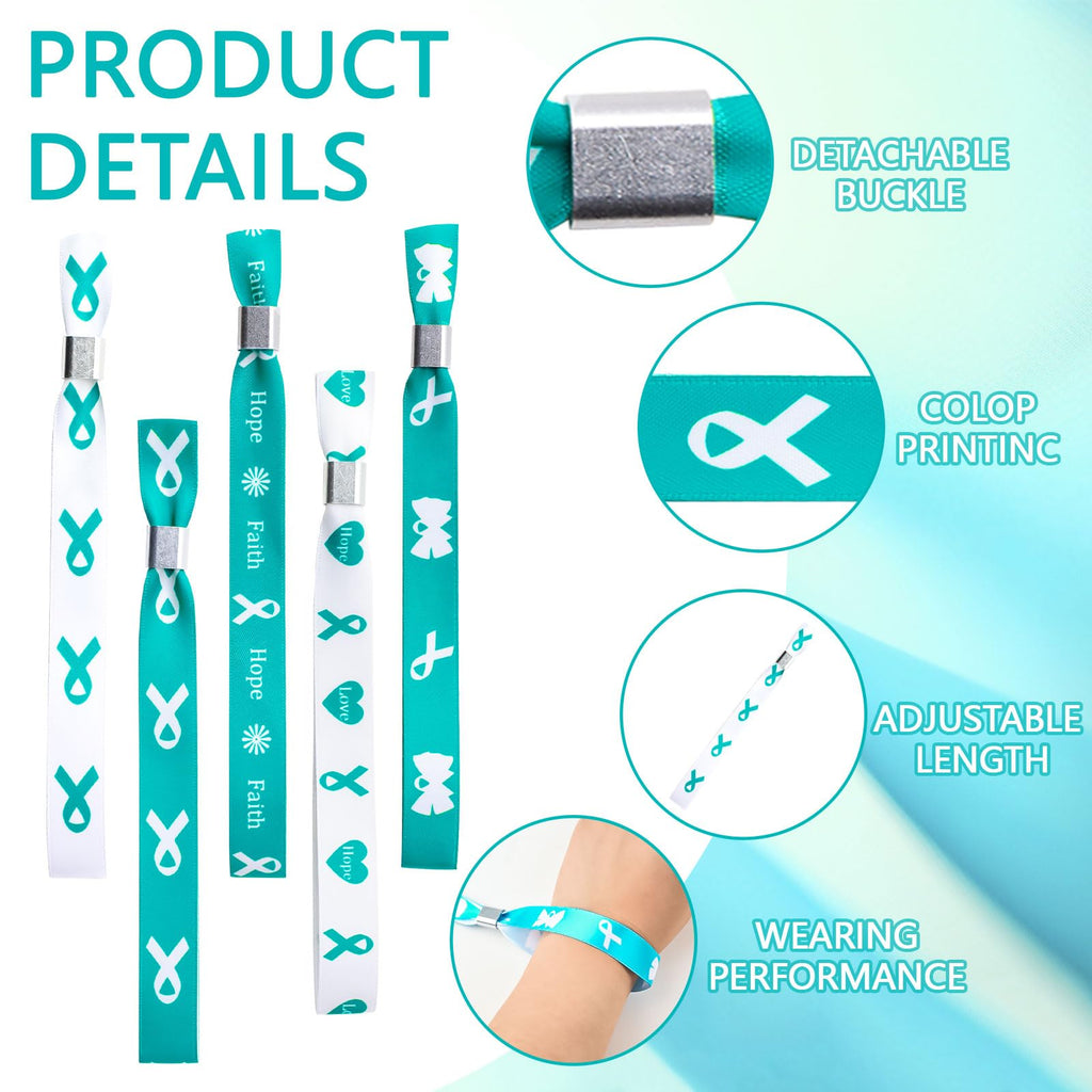 WANDIC 30 Pcs Teal Ribbon Bracelets, 5 Style Polyester Single Side Adjustable Cervical Cancer Awareness Support Wristband for Event Fundraising, 6.89 * 0.59 * 0.07, no Gemstone