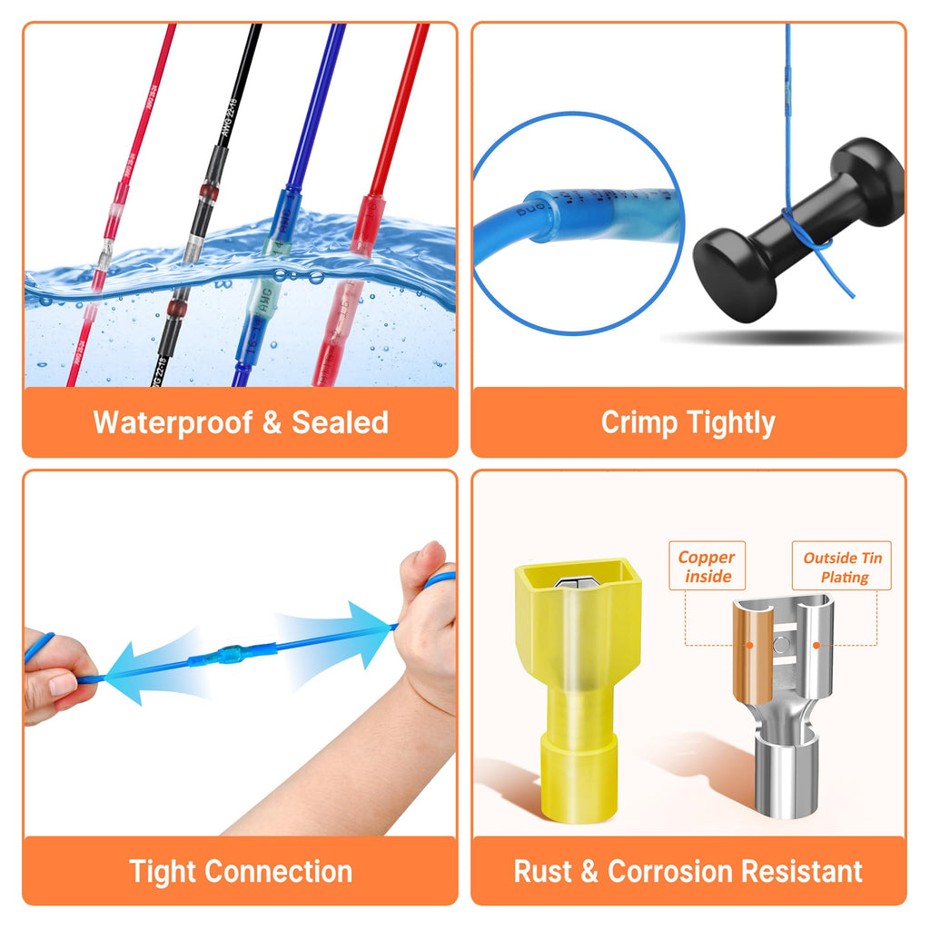 Kuject Ultimate Heat Shrink Wire Connectors, 1500PCS Waterproof Electrical Spade Connectors kit, Insulated Crimp Ring Fork Spade Terminal T-Tap Solder Butt Splice Connector for Marine Boat Truck