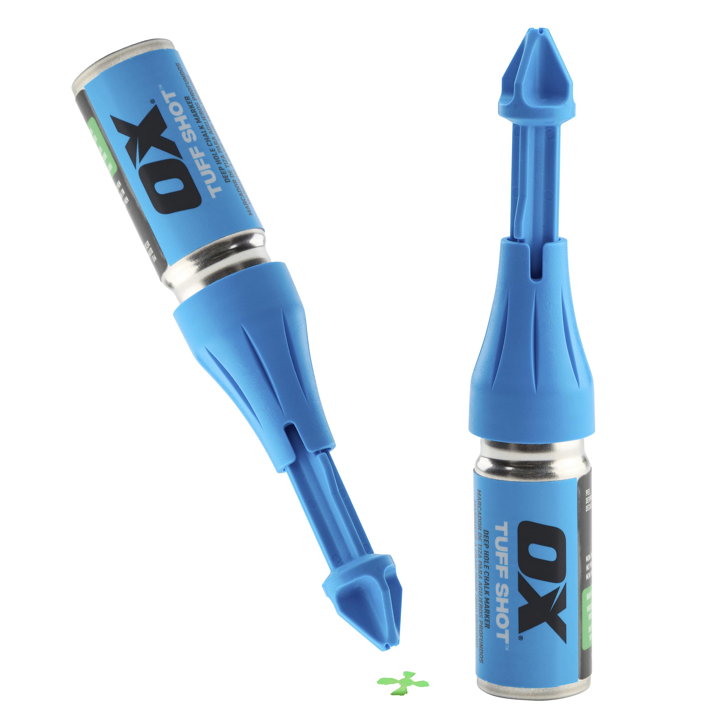 OX Tools 2-Pack Tuff Shot Deep Hole Marker Chalk Powder Shot for Drilling, Construction Marking Tool, Deep Reach Marker, 500 Total Bursts of High-Vis Green Chalk Spray Marking for Carpentry