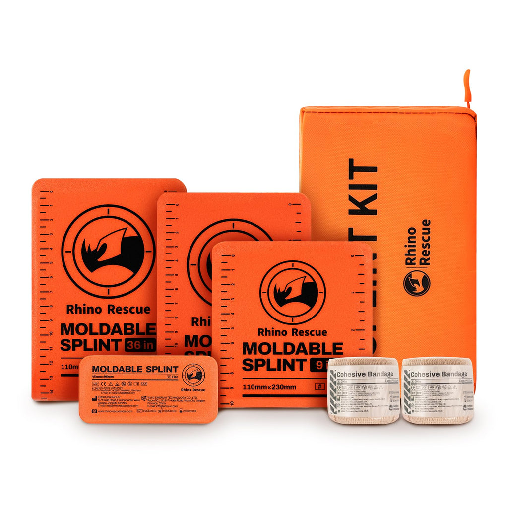 RHINO RESCUE 4-Size Moldable First Aid Splint Kit, Orange-Gray with Bandage