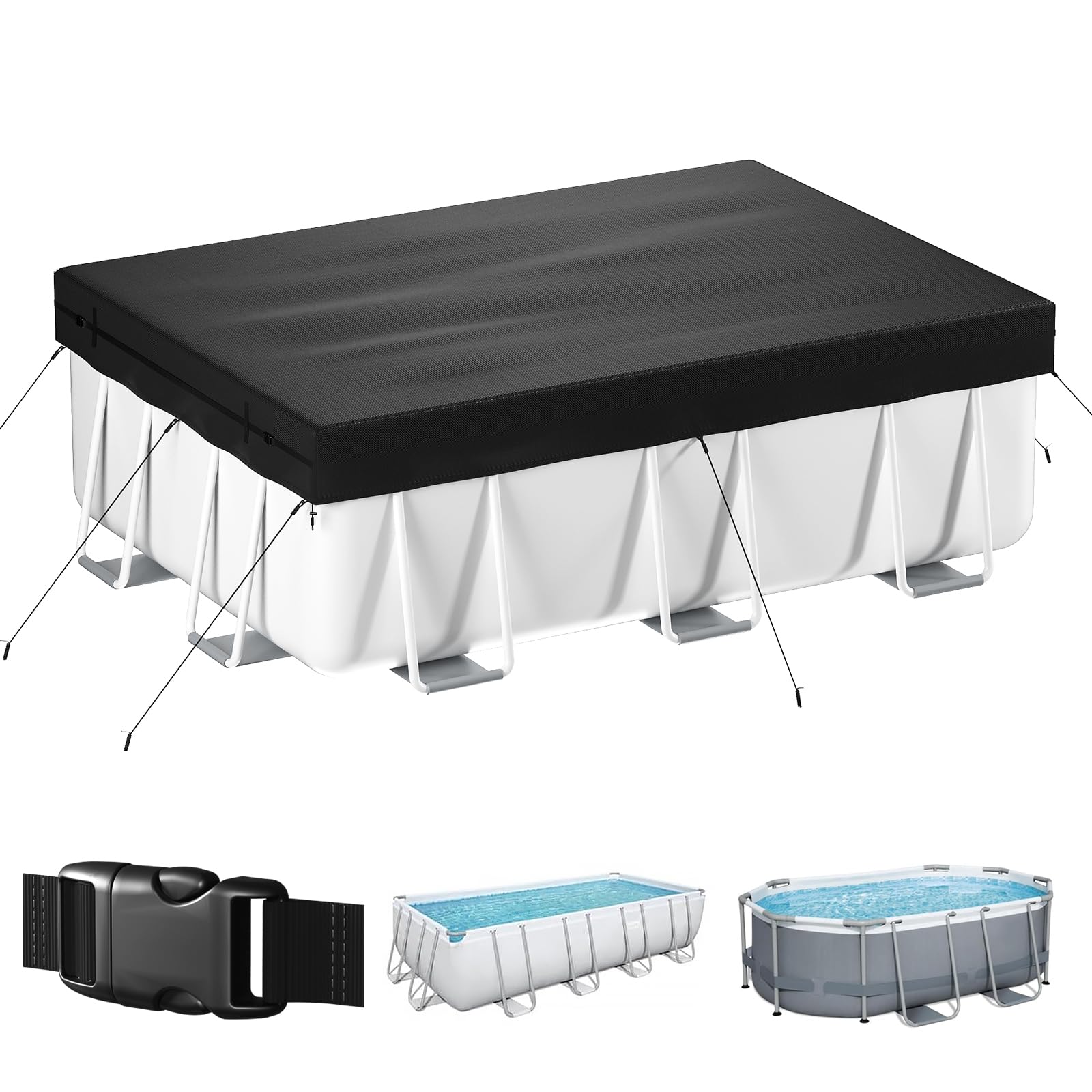 7x10 FT Rectangular Pool Cover, Solar Pool Cover for Above Ground Pool, Swimming Pool Cover Including Buckle, Drawstring and Ground Nails for Rectangular or Oval Pools