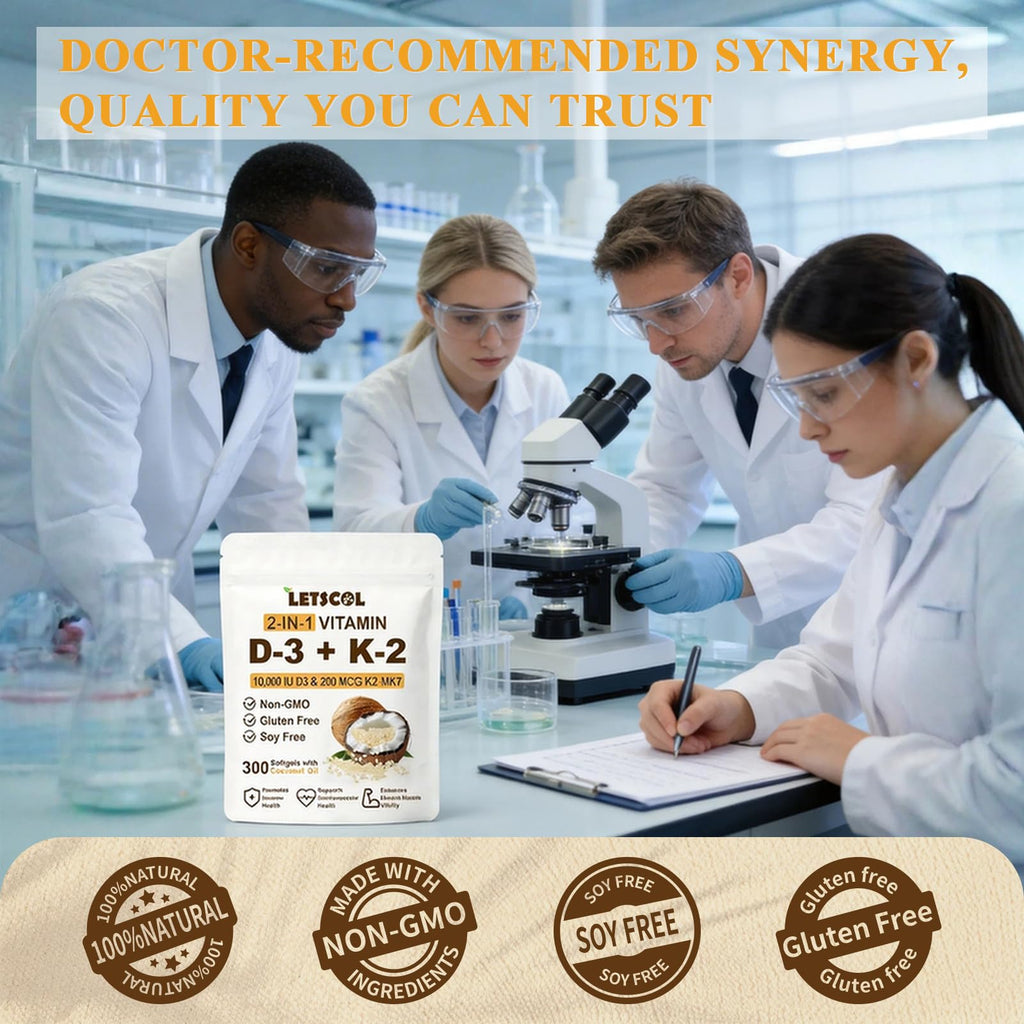 LETSCOL 2-in-1 Vitamin D3 K2 Supplement Softgel, Vitamin D3 10000 IU and Vitamin K2 200 mcg, K2 MK7 with D3 Vitamin Supplement Support Immune, Heart, Joint, Teeth & Bone Health