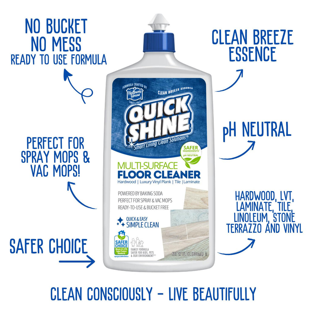 Quick Shine Multi Surface Floor Cleaner 27oz, 6Pk | Ready to Use-Streak Free- No Rinse | Use on Hardwood, Laminate, Luxury Vinyl Plank & Stone | Use in Spray Mops & Vac Mops | Safer Choice Cleaner