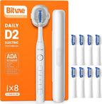 Bitvae Ultrasonic Electric Toothbrush for Adults and Kids, ADA Accepted Travel Toothbrush with Rechargeable 60-Day Battery Life, 5 Modes, 8 Heads, Case, Holder, Frost White