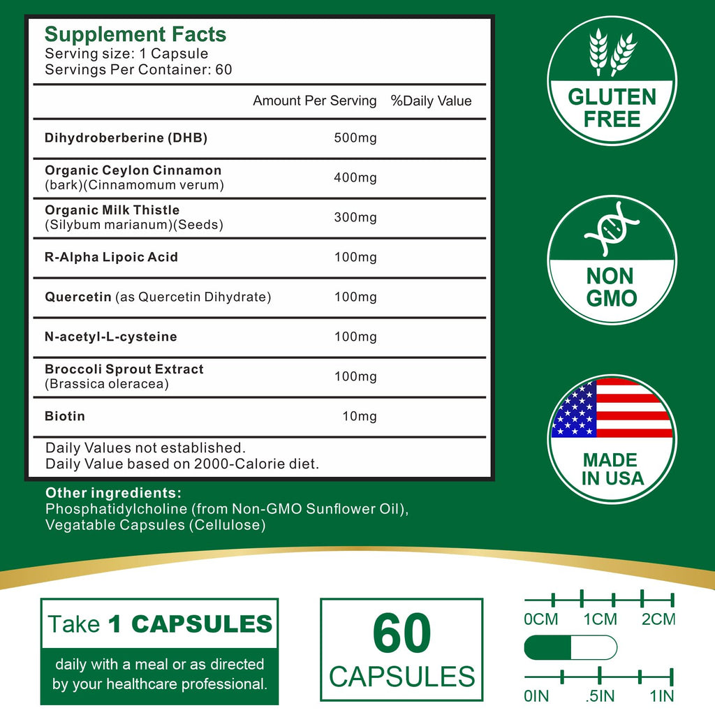 VITACRLLYNMN Dihydroberberine Supplement 1600MG Super Berberine and Dihydroberberine with Cinnamon 8 in 1 Supplement 60 Capsules