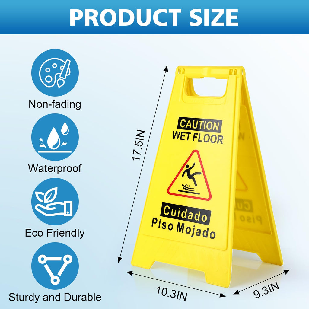 WOUSEDO 2-Pack Caution Wet Floor Sign,17.5" Height,Bright Yellow Double-Sided Folding A-Shaped Frame Design, Bilingual Caution Message