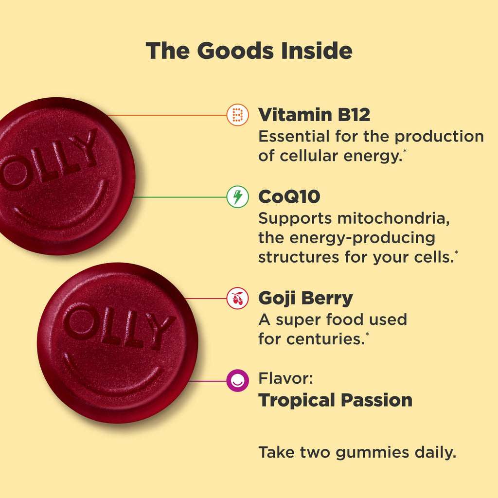 OLLY Daily Energy Gummy, Caffeine Free Cellular Energy Production,* Vitamin B12, CoQ10, Goji Berry, Adult Chewable Supplement, Tropical Passion Flavored, 60 Day Supply - 120 Count