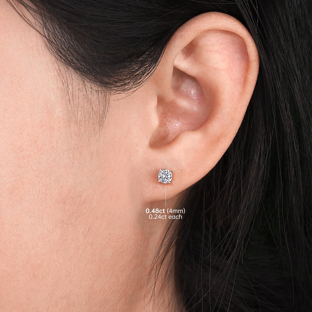 EIoways Moissanite Stud Earrings, D Color VVS1, Sterling Silver, Push Back, 3-7mm, for Women and Men (Round Silver, 4mm-0.48CTW)