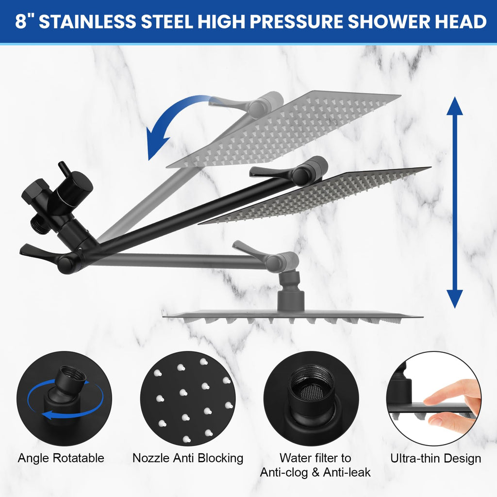 Tudoccy Shower Head, 8‘’ High Pressure Rainfall Shower Head/Handheld Shower Combo with 11'' Extension Arm, 9 Settings Anti-leak Shower Head with Holder, Height/Angle Adjustable, Matte Black