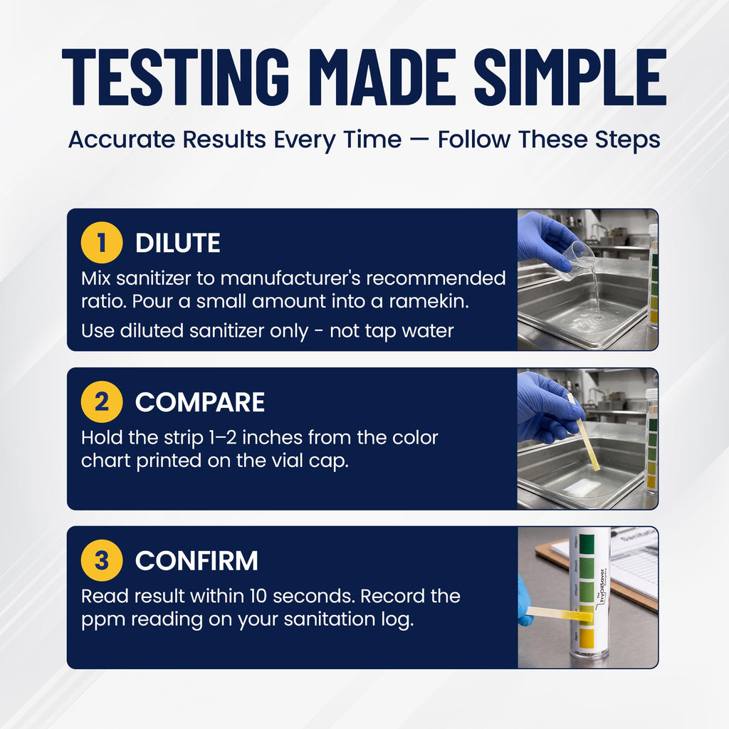100 Pack Quat Sanitizer Test Strips for Sanitizing Solution – Quaternary Food Service Test Kit for Restaurant Kitchen - QAC QR5 0-500 ppm - 1 x 100-Strip Vials (1 Pack) by FryOilSaver Co.