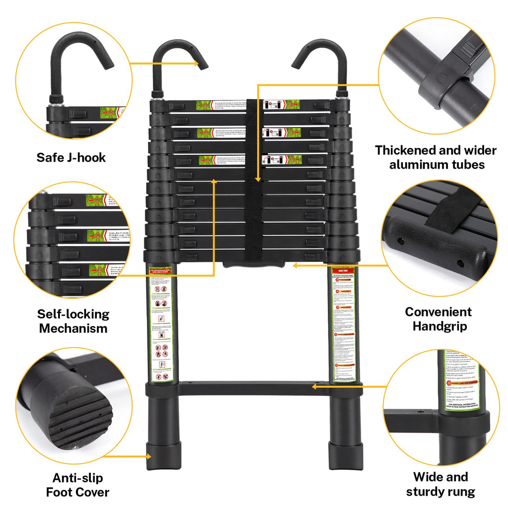 RIKADE Telescopic Ladder, 16.5 ft Aluminum Telescoping Ladder with Non-Slip Feet and Stable Hook, Portable Extension Ladder for Household and Outdoor Working, Max Load 330 lb, Black
