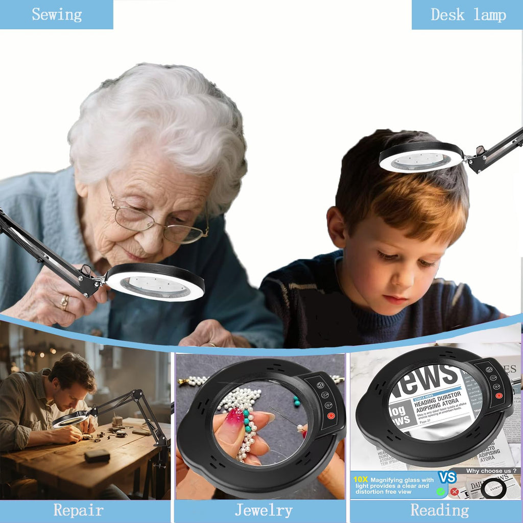 Upgrade 12X Magnifying Glass with Light and Stand, Real Glass Magnifying lamp, 5 Color Modes Stepless Dimmable,84LEDs Desk Lamp, Magnifier with Light Hands Free for Close Work, Reading Craft Repair