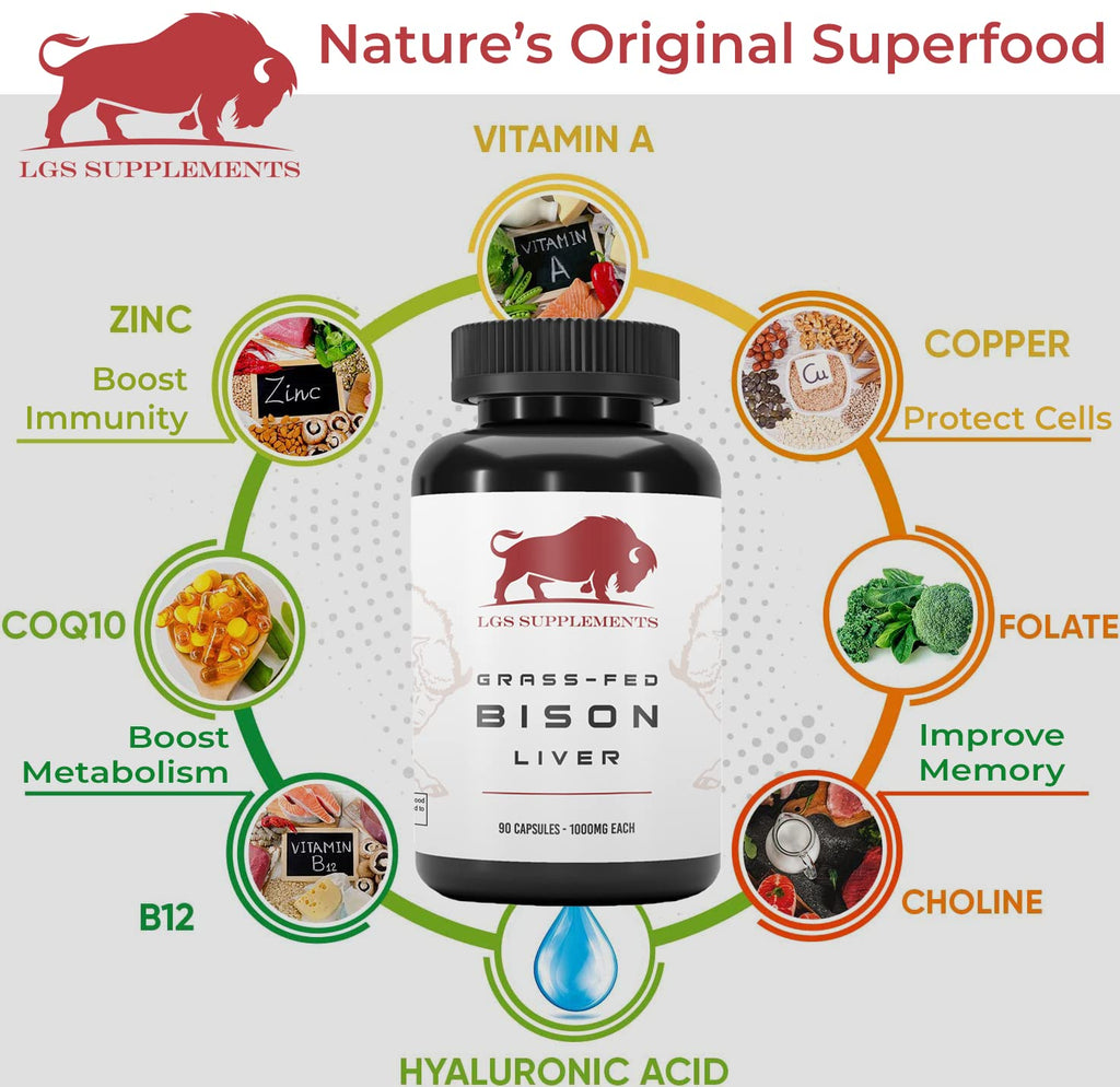 Grass Fed Bison Liver Capsules Supports Energy Production, Detoxification, Digestion, Immunity, Natural Iron Non-GMO, Freeze Dried Liver Health Supplement, 3000mg