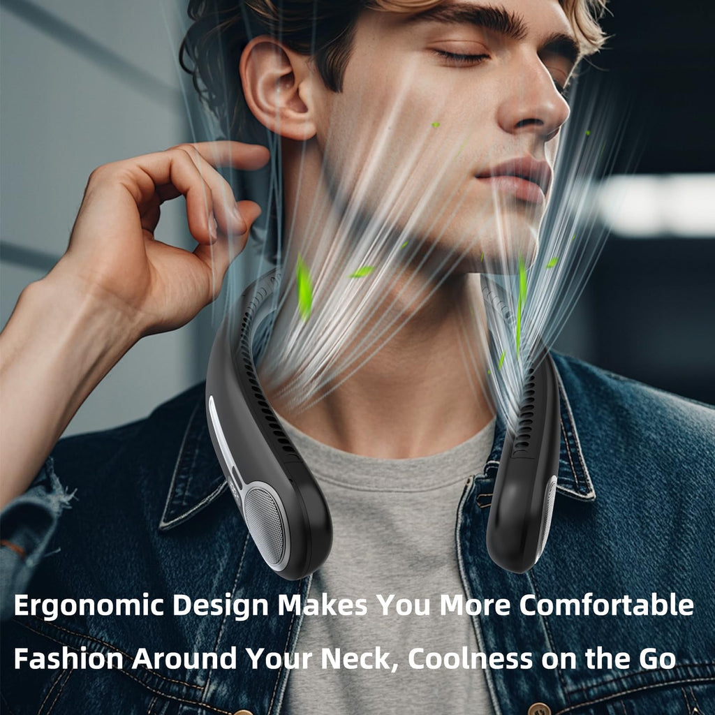 Portable Neck Fan, Personal Wearable Bladeless Fan, 6000mAh USB Rechargeable, 360° Airflow, LED Display, 4-Speeds, Hands Free Fan for Outdoor Indoor, Birthday Gifts for Men Women Dad Mom (Black)