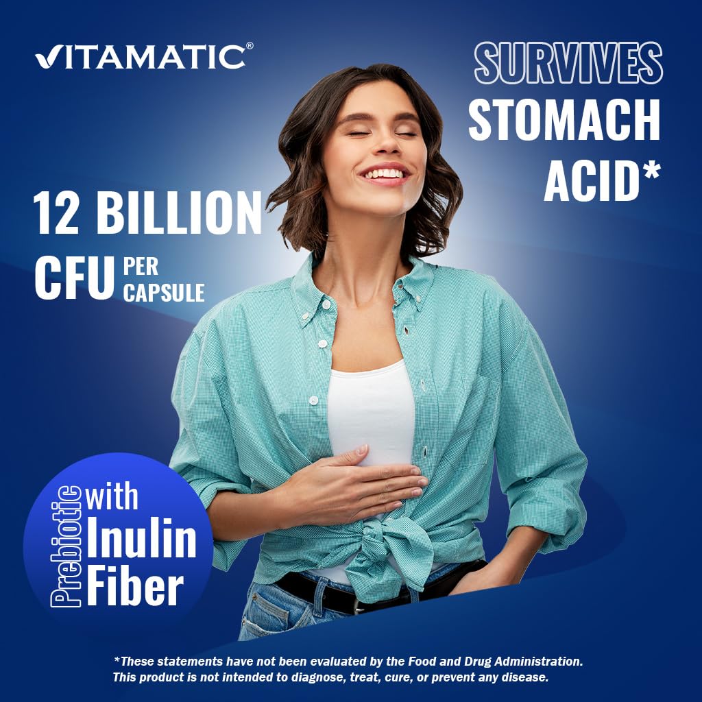 Vitamatic Lactobacillus Gasseri - 12 Billion per DR Capsule - 60 Count - Digestive Support - Made with Prebiotic Inulin Fiber (Pack of 2)