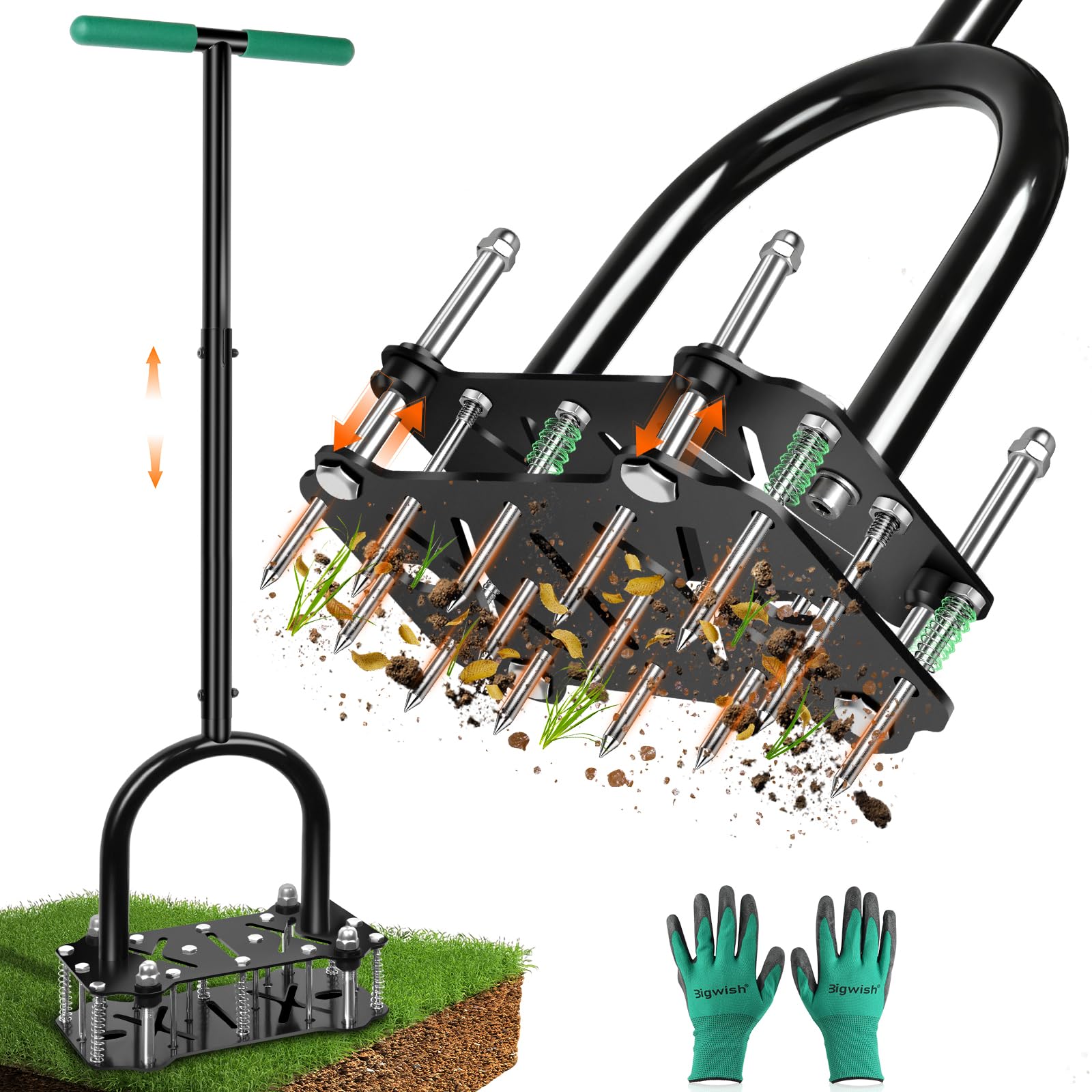 Adjustable Lawn Aerator Tool with Rebound Spring – 16 Sharp Metal Spikes Soil Aerator with Ergonomic T-Handle & Wide Foot Plate, Heavy Duty Yard Lawn Aerator for Garden Lawn Care