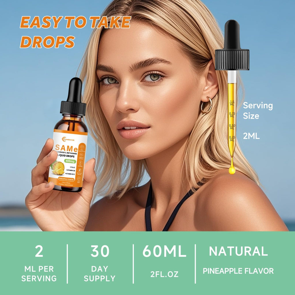 Liquid SAM E Drops, 2 Fl Oz,SAM-E(SAMe) Supplement 400MG S-Adenosyl-L-Methionine with Vitamin B6,B12,Folate,Joint Support & Liver Health，Pineapple Flavor,98% Absorption &Better Bioavailability,0 Sugar
