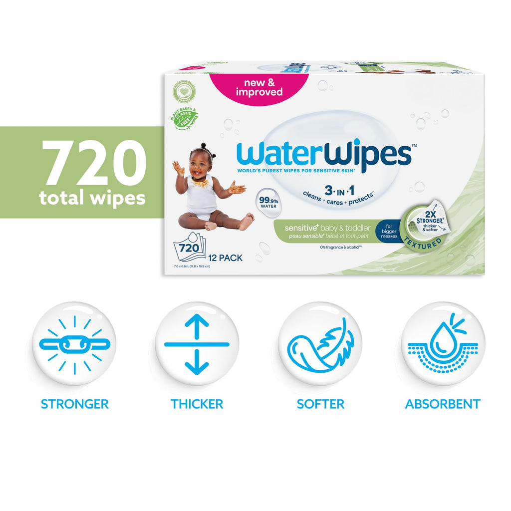 WaterWipes Sensitive+ Baby & Toddler Wipes, 3-In-1 Cleans, Cares, Protects, 99.9% Water, Textured Clean, Unscented & Hypoallergenic, 720 Count (12 Packs)