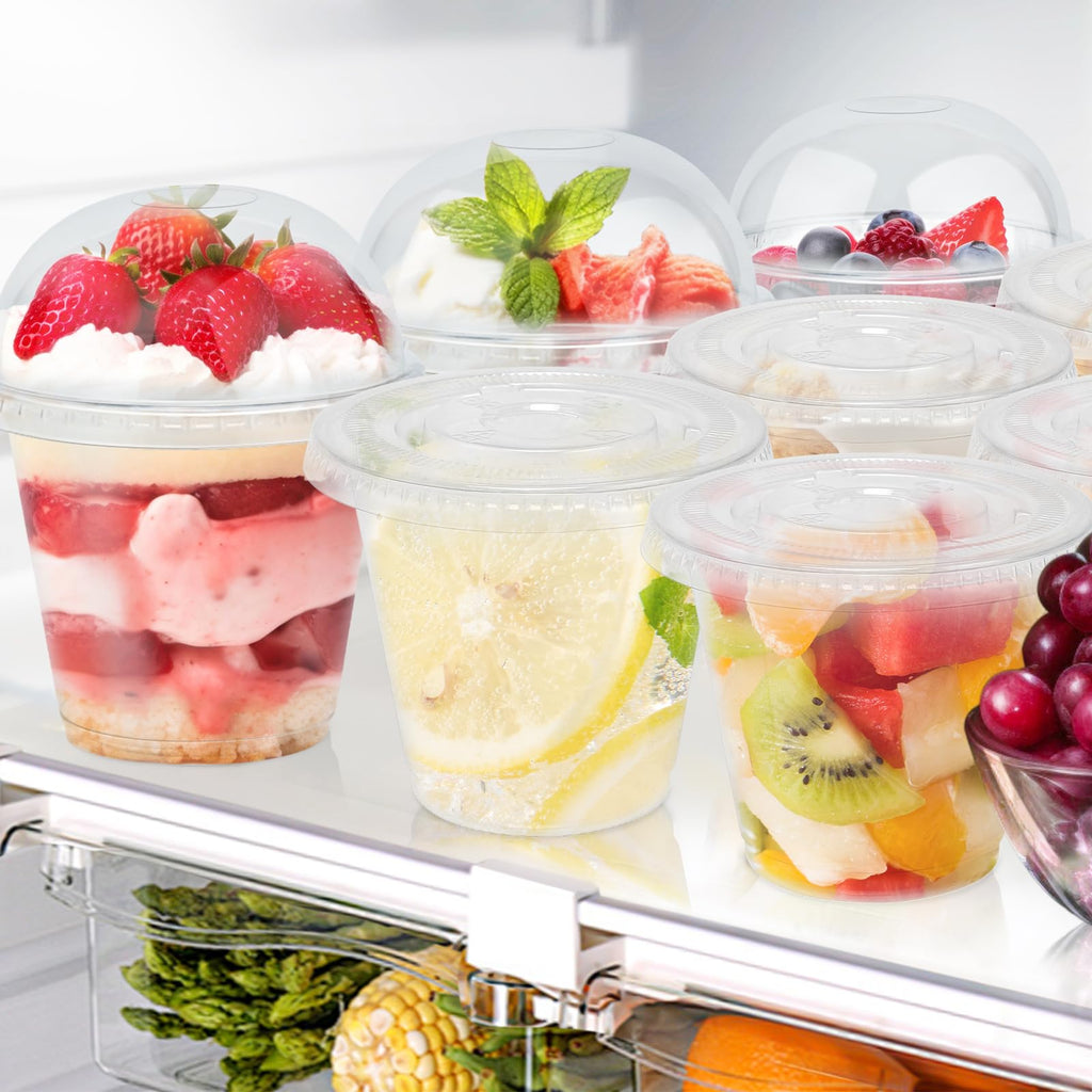 Lamosi 100 Pack 9 oz Clear Plastic Cups with Lids, Disposable Cups with Dome Lids No Hole, Ideal for Ice Cream, Cold Drinks, Fruit, Dessert, Yogurt Parfait