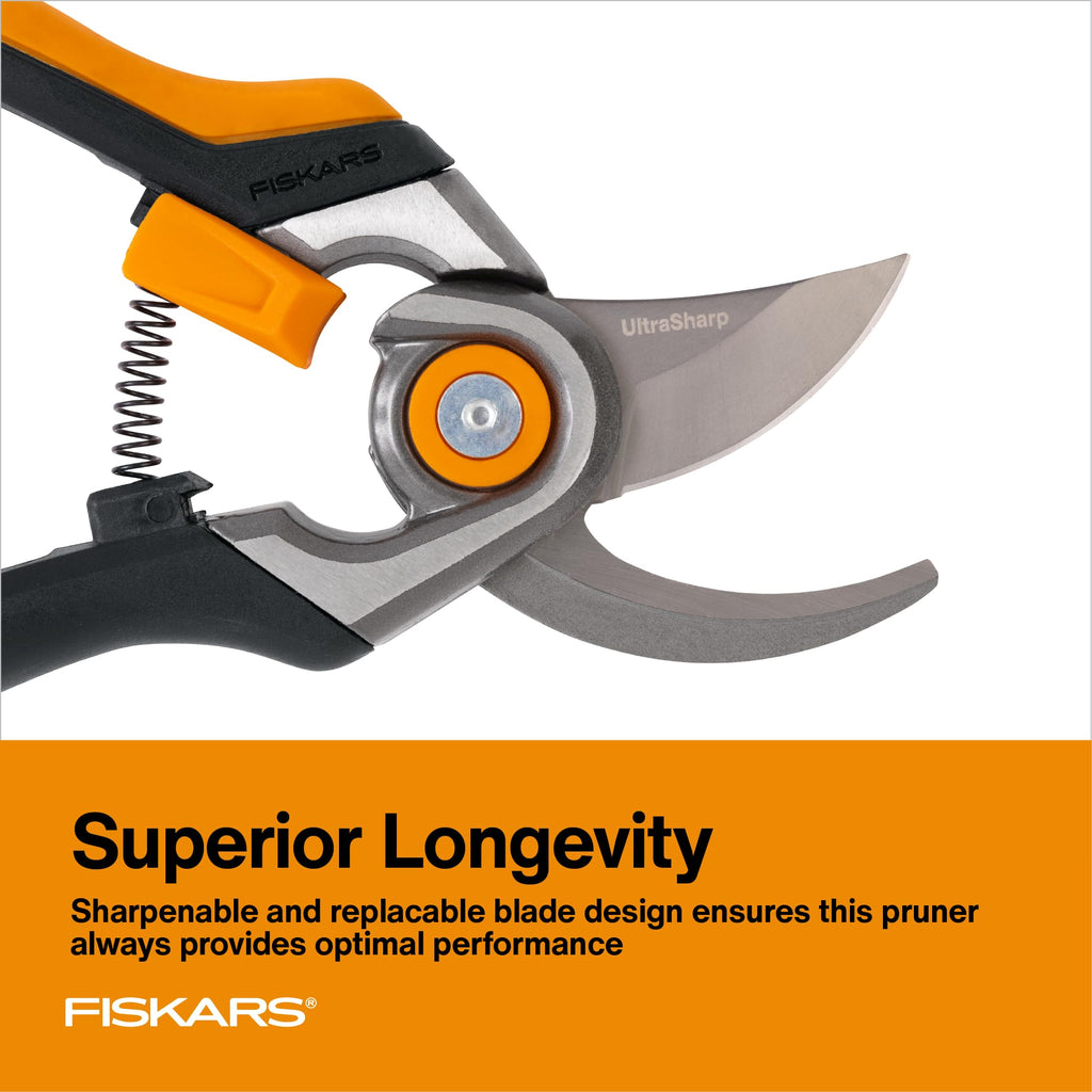 Fiskars Bypass Pruning Shears, 1" Cut Capacity Gardening Scissors, Forged Steel Replaceable Blade, SoftGrip Handle Garden Clippers, Rust Resistant Low Friction Coating for Branches & Stems