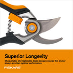 Fiskars Bypass Pruning Shears, 1" Cut Capacity Gardening Scissors, Forged Steel Replaceable Blade, SoftGrip Handle Garden Clippers, Rust Resistant Low Friction Coating for Branches & Stems