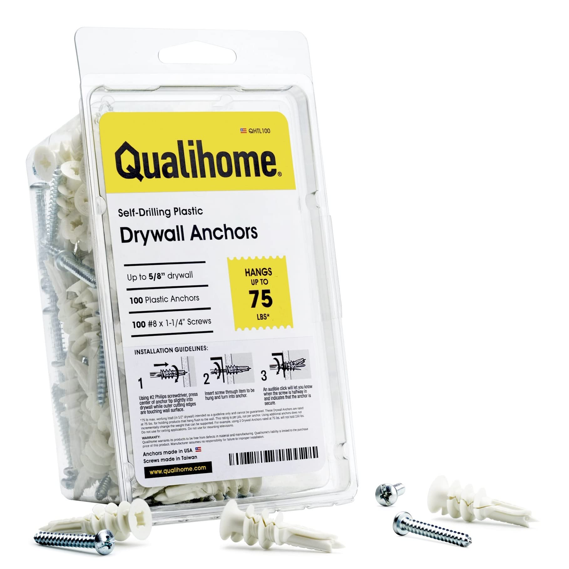 Qualihome Drywall Anchors with Screws – Self-Drilling Drywall Anchors, Anti-Spin Grip, No Pre-Drill Wall Anchor Kit, Strong & Reliable Hold, 100 Pack (200 Pieces)