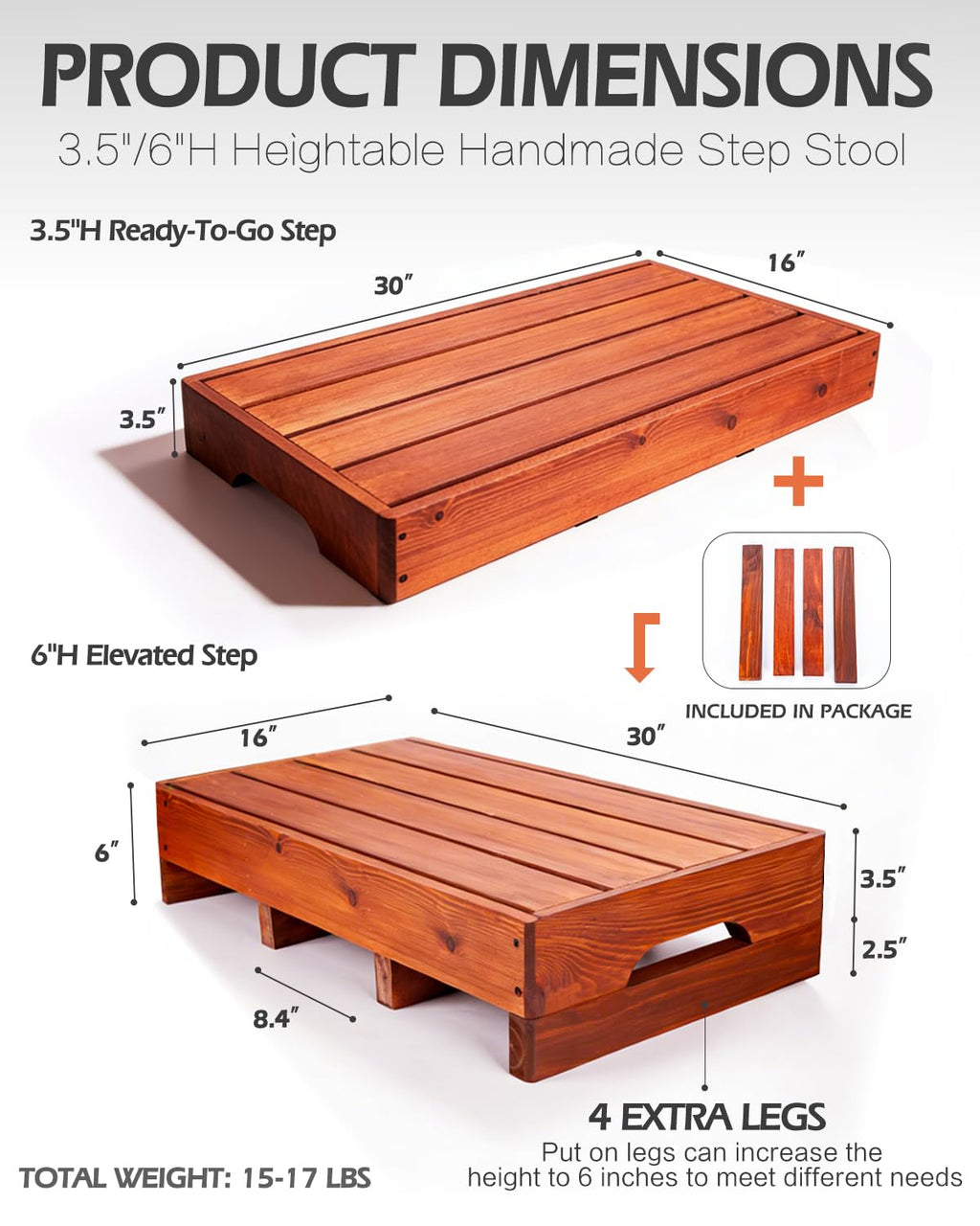 3.5"/6" Adjustable Wooden Step Stool for Bed, 100% Heartwood Handmade Outdoor Steps with 4 Additional Legs & Anti-Slip Traction Tape, One Step Stool for Elderly, Adults, Kids(30" L X 16" W X 3.5/6" H)