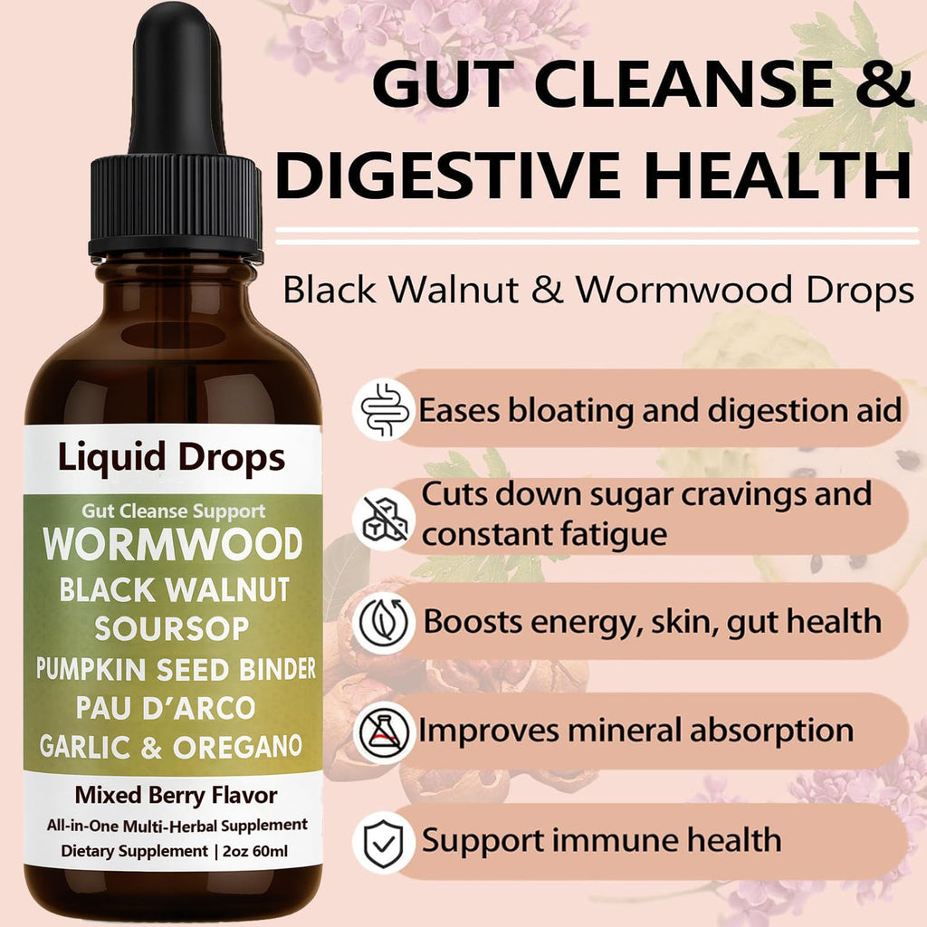 ipxkwll Prozen Wormwood Gut Cleanse Liquid Drops, Black Walnut Wormwood Clove Liquid Extract with Soursop & Oregano Oil - Supports Digestive Health, Energy Boost - 2 Fl Oz (1)