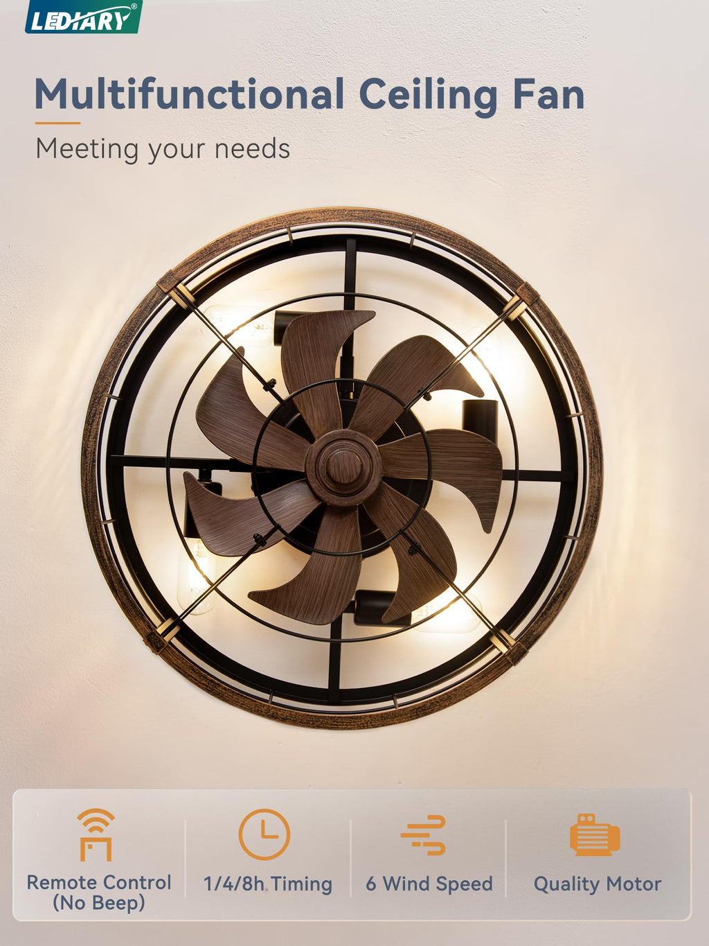 LEDIARY 23" Caged Ceiling Fan with Light and Remote, Low Profile Flush Mount Fandelier, Black Gold Bladeless Enclosed Small Fan Lights Ceiling Fixtures, Rustic Farmhouse Style for Bedroom, Outdoor