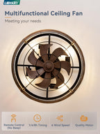 LEDIARY 23" Caged Ceiling Fan with Light and Remote, Low Profile Flush Mount Fandelier, Black Gold Bladeless Enclosed Small Fan Lights Ceiling Fixtures, Rustic Farmhouse Style for Bedroom, Outdoor