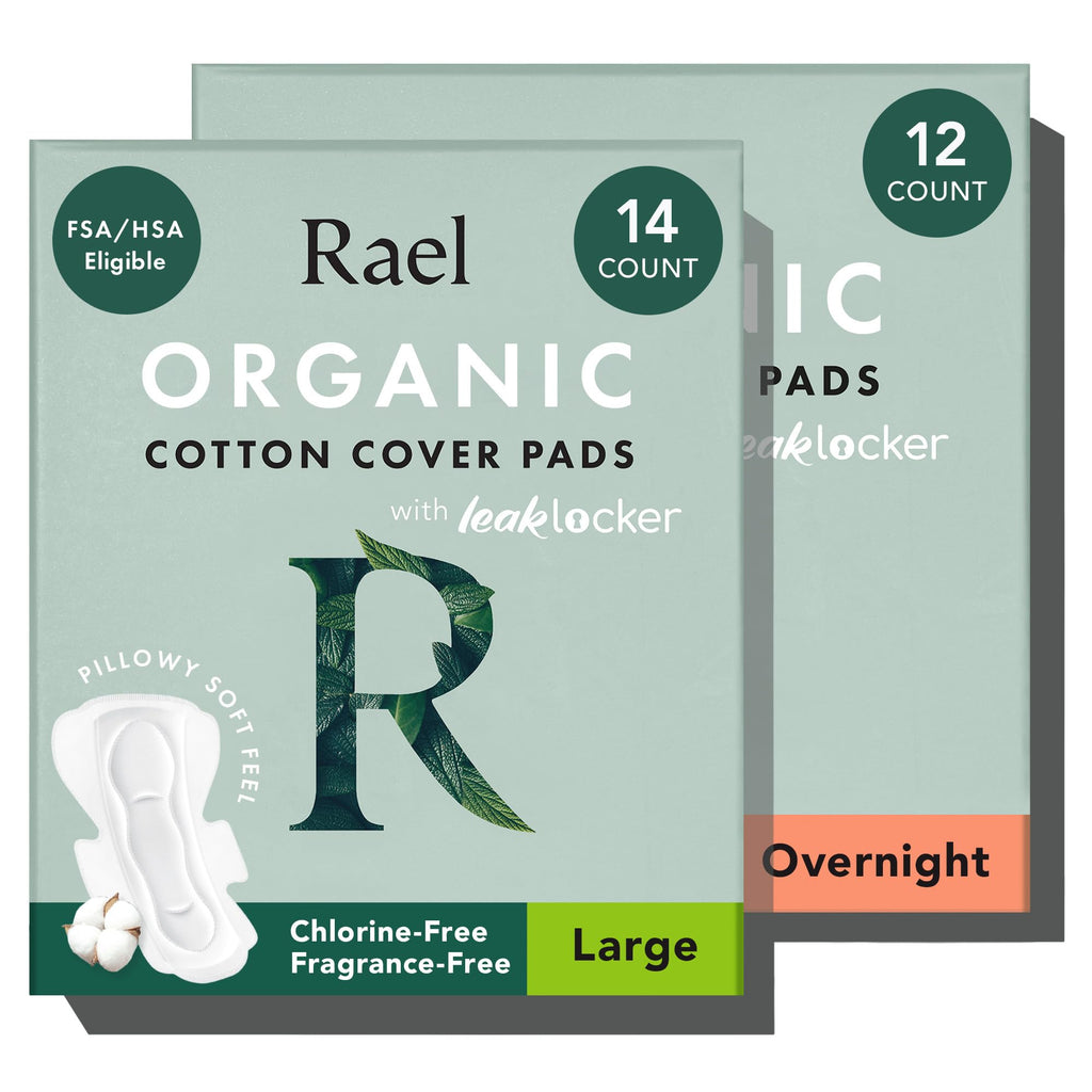 Rael Pads for Women, Organic Cotton Cover - Heavy Absorbency, Feminine Care, Ultra Thin, Sanitary Napkins with Wings, Unscented, (Overnight, Large) Bundle