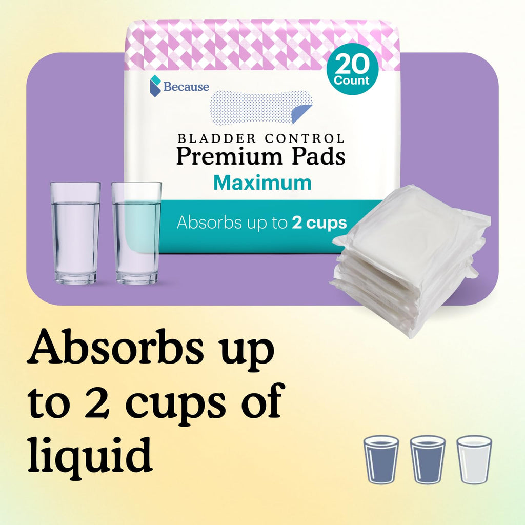 Because Incontinence Pads for Women - Maximum Absorbency, Postpartum Liners, Up to 100% Leak-Free Protection, Discreet Protection for Bladder Leaks, 6 Packs of 20 Count (120 Total)