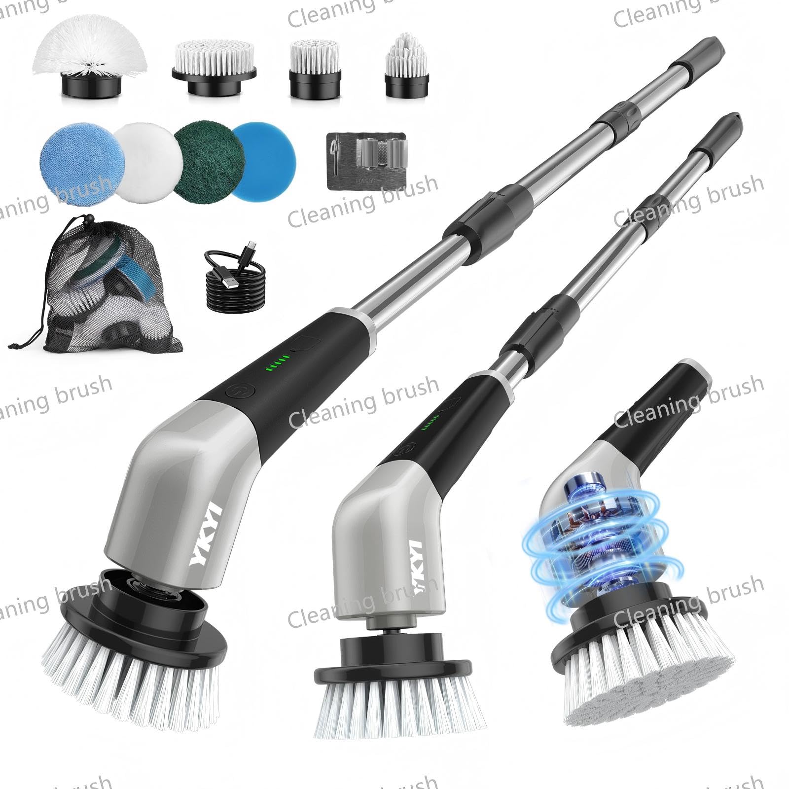 YKYI Electric Spin Scrubber, Cordless Power Scrubber Cleaning Tool with 8 Replaceable Heads and Extension Handle for Bathroom, Tub, Tile, Floor, Grout and Car (Light Gray)