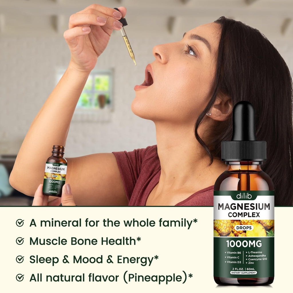 Triple Magnesium Complex Supplement, Magnesium Glycinate, Blend, Citrate Liquid Drops 1000mg with Ashwagandha, CoQ10, Vitamin B6, C, D, Zinc - Vegan Pineapple Flavor