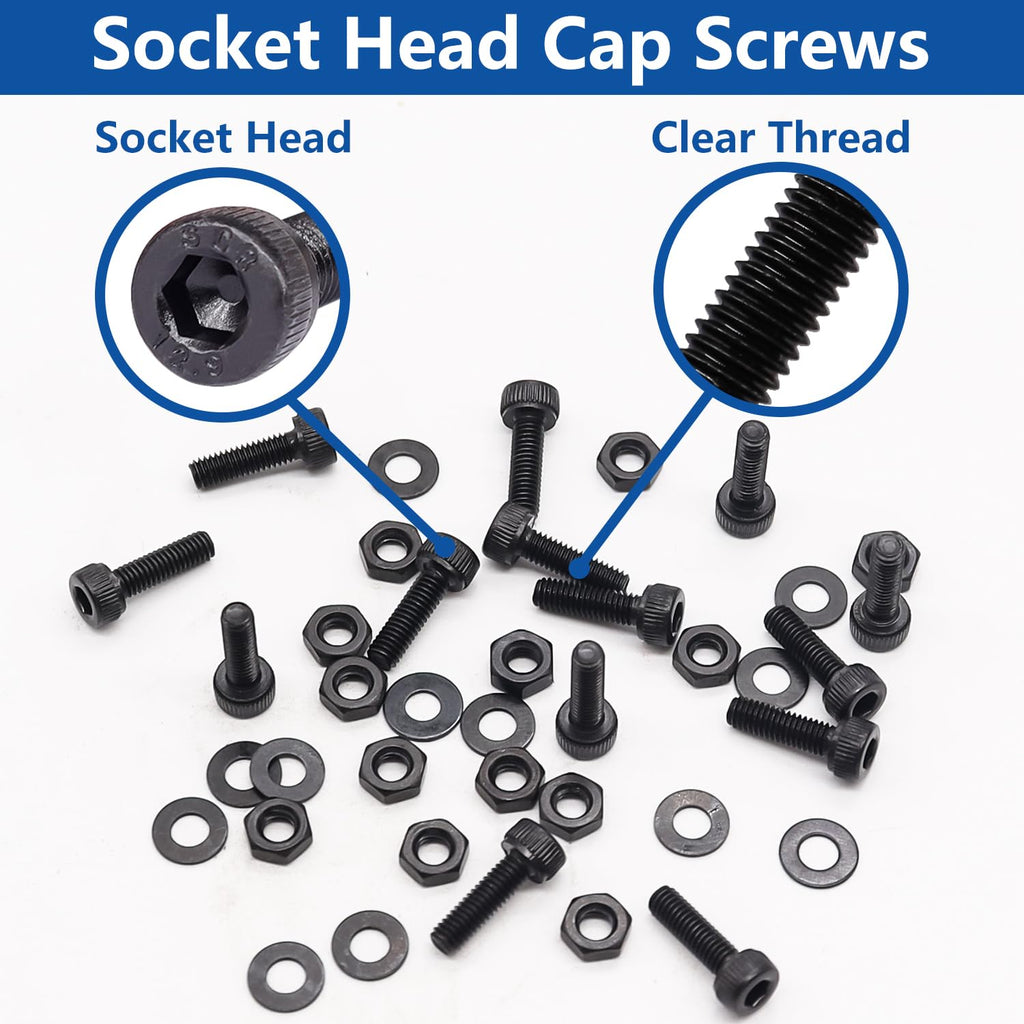 Bemaka 285PCS M3 x 6mm Screws with Nuts and Washers, Hex Socket Head Cap Screws 12.9 Grade Alloy Steel M3 Bolts with Hex Wrench