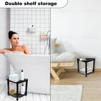 IBosins Corner Shower Stool with Storage Shelf Shower Foot Rest for Shaving Legs Small Bench for Inside Shower to Sit on Bath Seat - Acacia Wood, Black