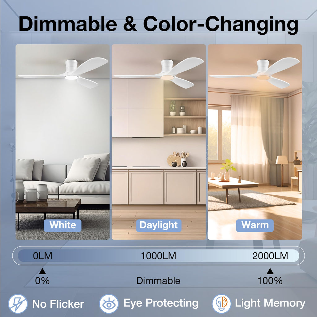 52” Smart Wood Ceiling Fans with Lights,Low Profile Flush Mount Ceiling Fan with Remote Alexa App Control,3 White Blades,Outdoor Indoor Use for Modern Bedroom Patio,Dimmable LED,6-speed,Quiet DC Motor