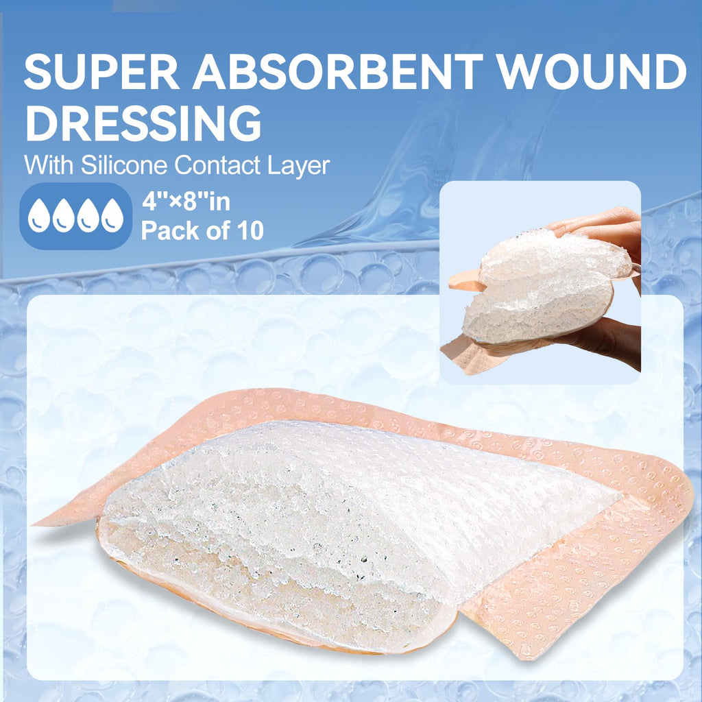 Niceful Silicone Super Absorbent Wound Dressing - 4"×8" Large Absorbant Bandages with Adhesive Borders, FSA HSA Eligible, Wound Care Dressings for Bed Sores Leg Ulcers