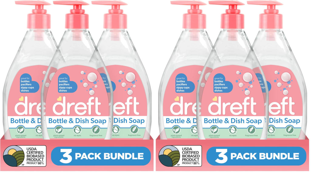 Dreft Bottle and Dish Soap | Made to Clean Baby Bottles,Sippy Cups,Pacifiers,Breast Pumps,& More | Gently Removes Milk Film & Odors-| Plant Based,Fragrance Free Dish Soap-| 18 Fl Oz,(Pack of 6)