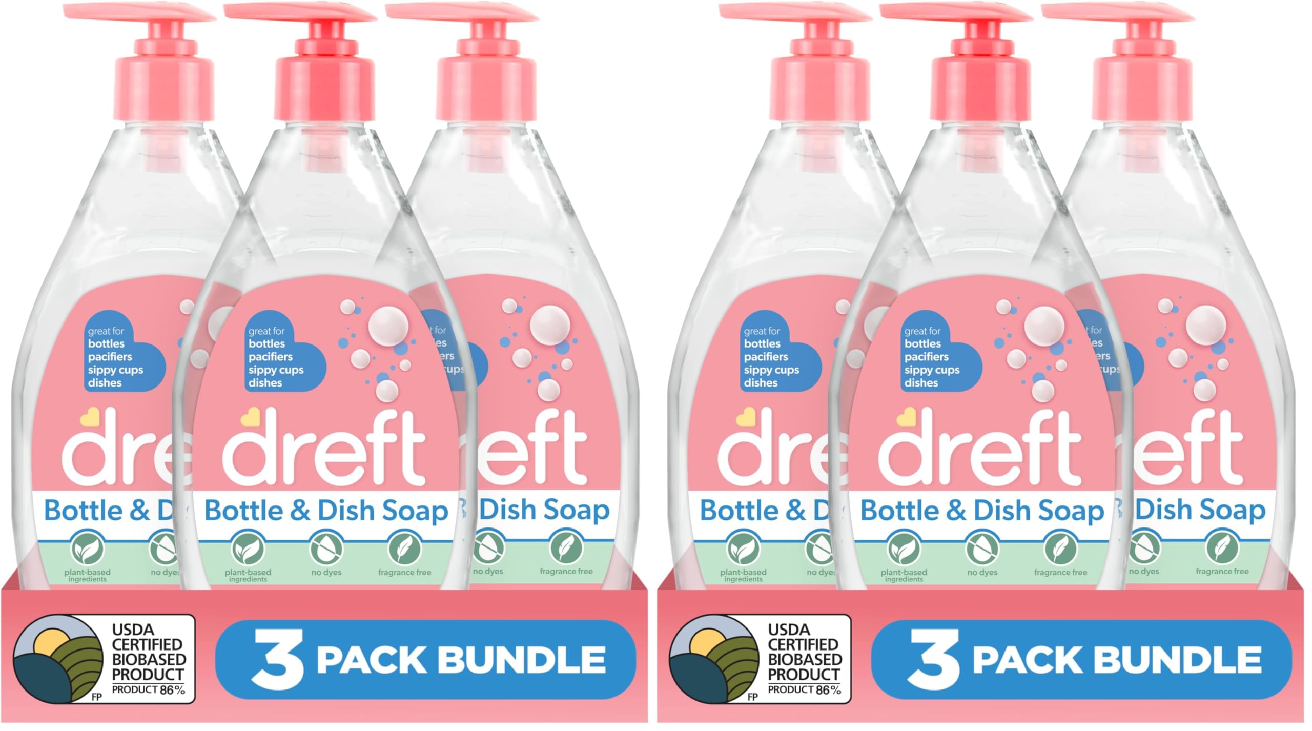 Dreft Bottle and Dish Soap | Made to Clean Baby Bottles,Sippy Cups,Pacifiers,Breast Pumps,& More | Gently Removes Milk Film & Odors-| Plant Based,Fragrance Free Dish Soap-| 18 Fl Oz,(Pack of 6)