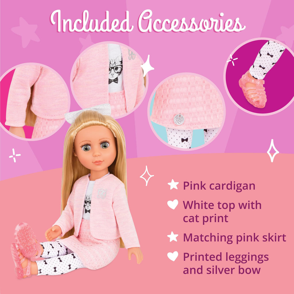 Glitter Girls – 14-Inch Fashion Doll – Blonde Hair & Green Eyes – Pink Cardigan & Skirt – Cat – Themed Outfit – 3+ Years– Fifer
