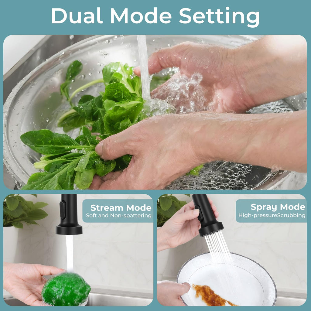KHQF Kitchen Faucet with Pull Down Sprayer,Commercial Single Handle Stainless Steel Kitchen Faucets with Deck Plate (Matte Black)