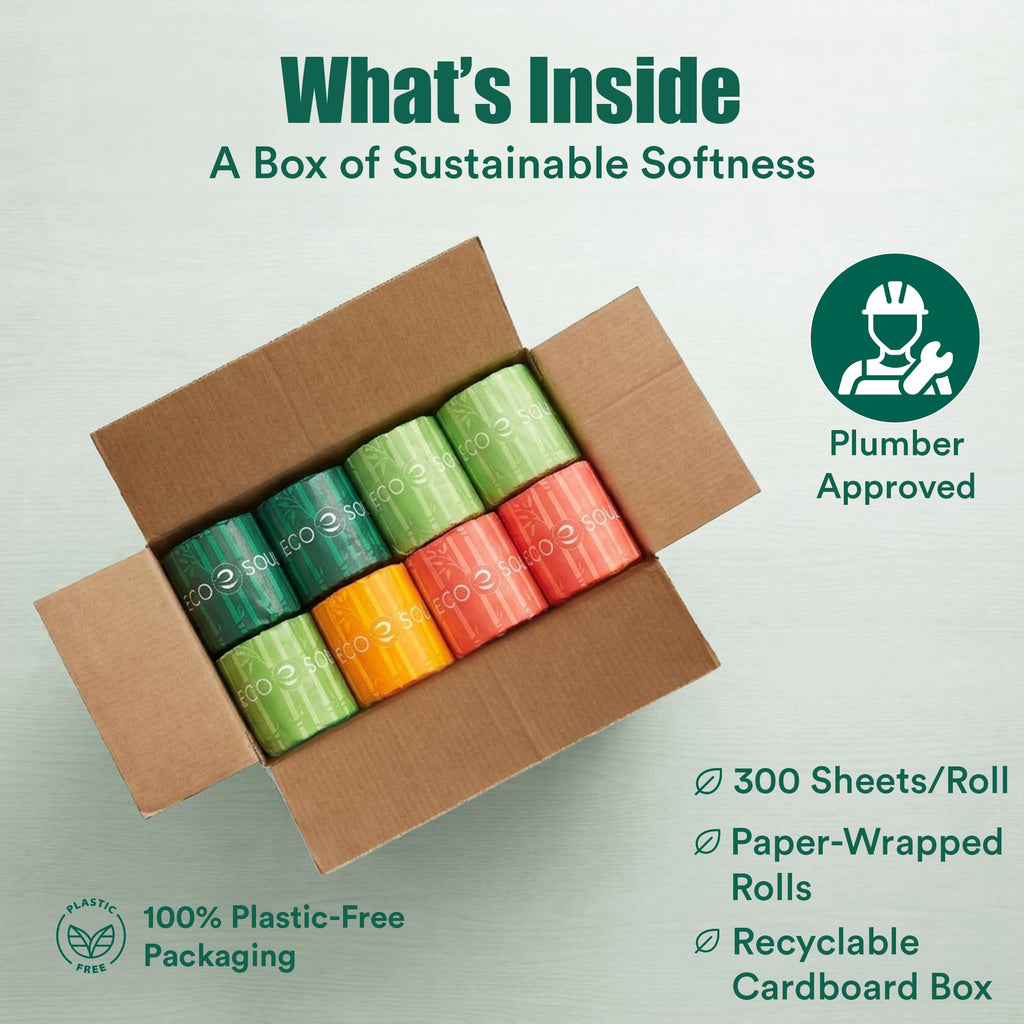 Eco Soul Premium Bamboo Toilet Paper 3 Ply | 12 Mega Rolls | 300 Sheets Each | FSC Certified Hypoallergenic, Textured & Skin-Friendly Septic-Safe Soft Bathroom Tissue Eco-Friendly Chemical & Dye Free