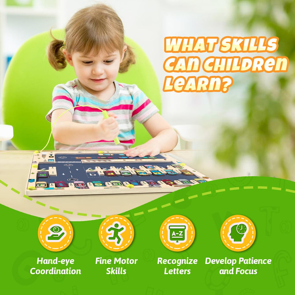 Magnetic Alphabet Maze Letter Puzzle Board, NOWRICH Montessori Toys for 2 3 4 5 Years Old Boys Girls, Magnet Alphabet Learning Car Parking Maze Toys for Kids 3-5, Birthday Gifts for Toddler