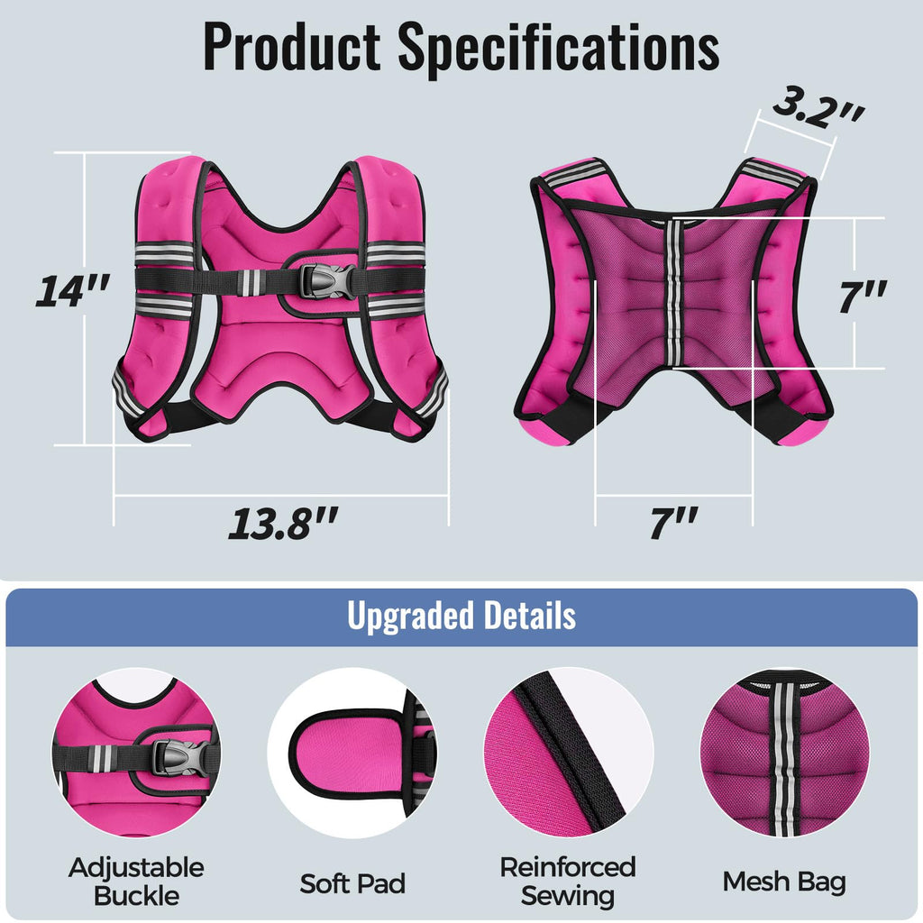 Zeerun Weighted Vest for Women & Men with Reflective Stripe and Adjustable Buckle, Comfortable & Durable Rucking Vest for Walking, Running & Strength Training, 8LBS-Pink
